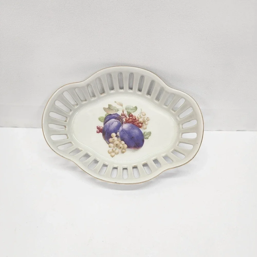 Vintage Schwarzenhammer Bavaria Germany Plum Fruit Pierced Porcelain Dish